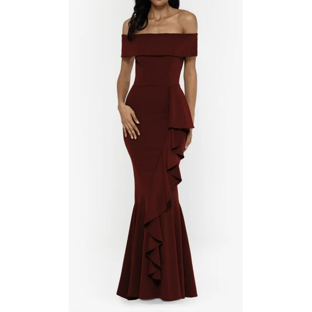 XSCAPE Evening Gown Off The Shoulder Burgundy Size 2P Ruffled High Slit NEW $249